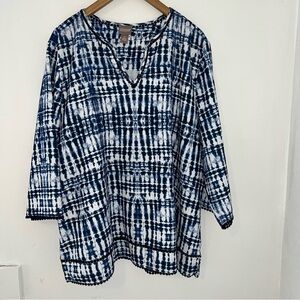 Chico's Navy and White Tie-Dye V-Neck Tunic